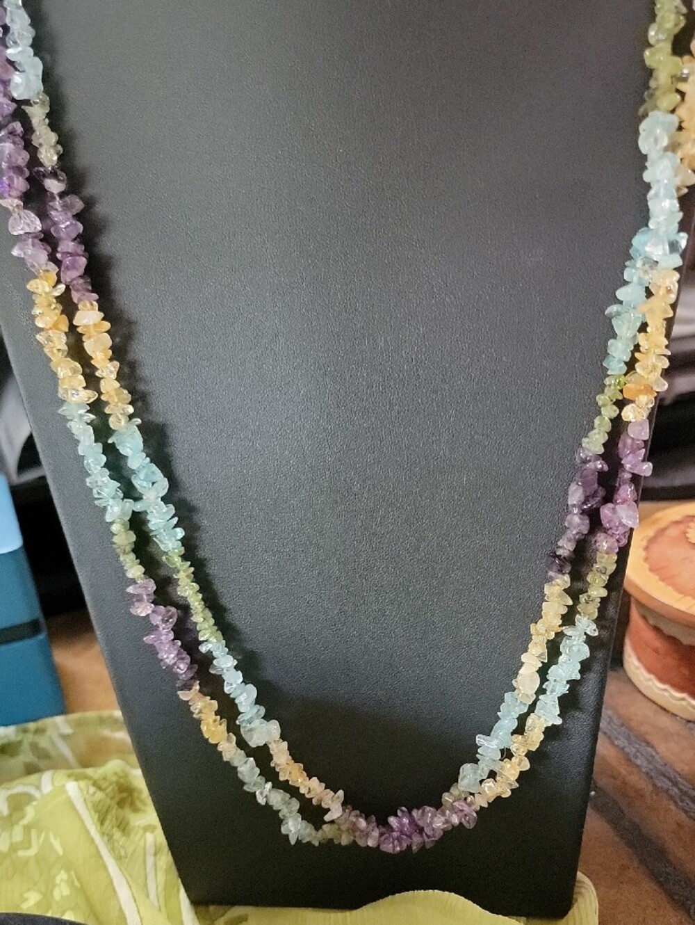 Peridot Topaz Amethyst Citrine Pastel Multi-Gem Chip Necklace. Two Strands